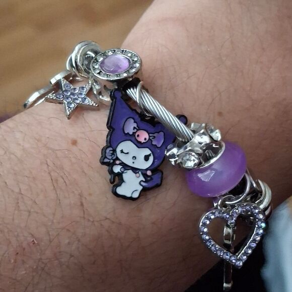 Sanrio Hello Kitty KUROMI Charm Pendant Silver & Purple Tone Bangle Bracelet - Picture 3 of 5